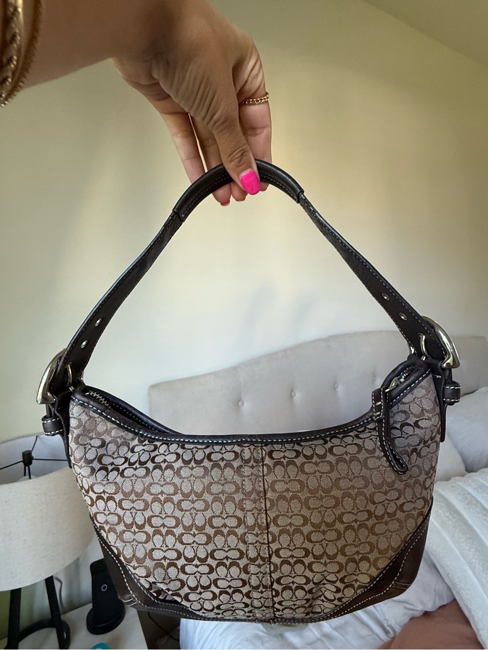 Coach Small Soho Hobo Bag Signature C Shoulder Brown Canvas Handbag Y2K